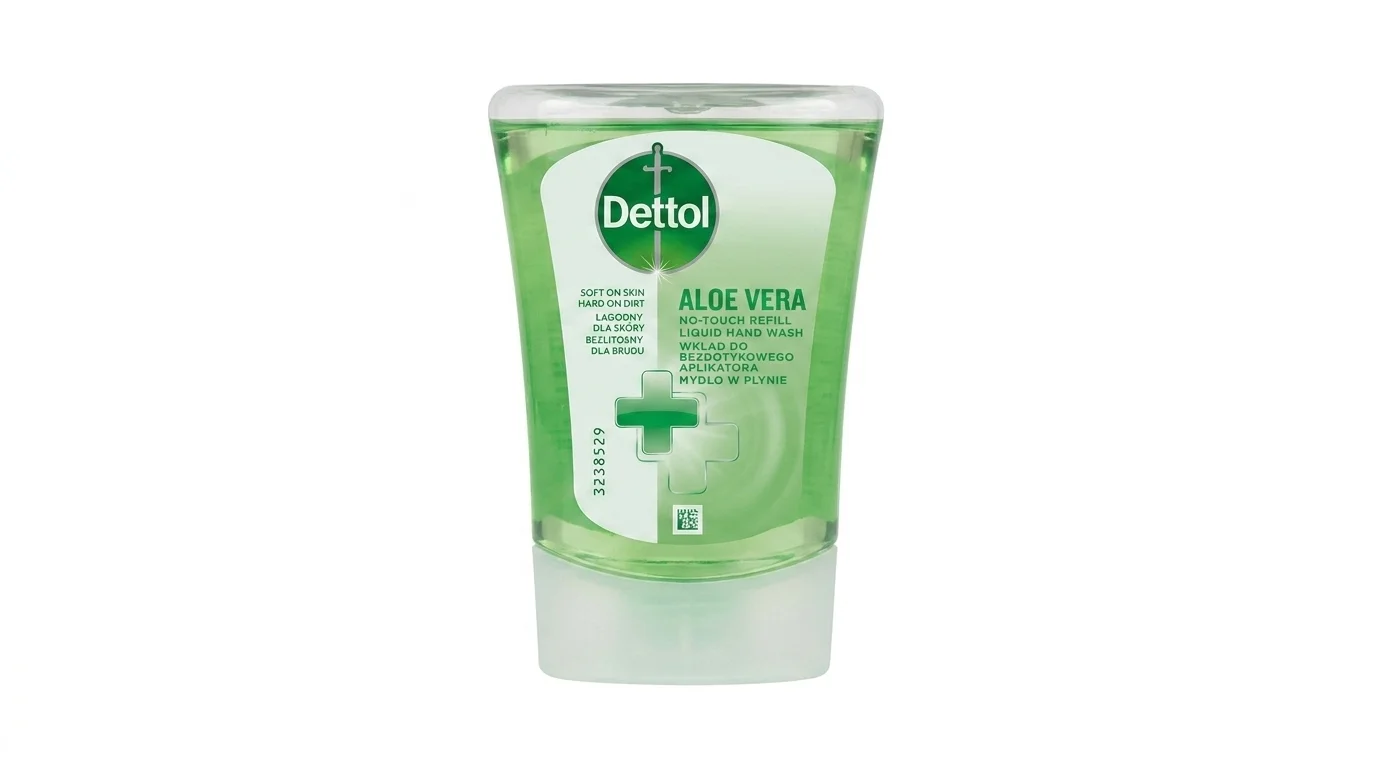 Náhradní náplň Dettol Aloe Vera do bezdotykového dávkovače mýdla s tekutým mýdlem zelené barvy.