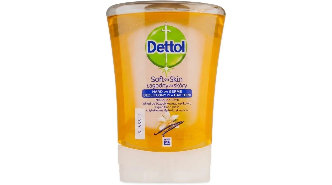 Náhradní náplň Dettol s vůní vanilky do bezdotykového dávkovače v průhledné lahvičce se žlutým tekutým mýdlem.