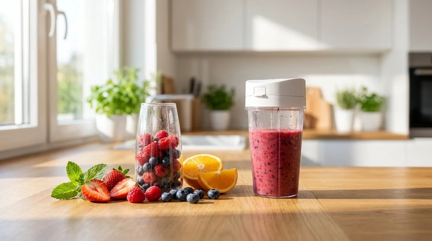 Náhradní nádoba ETA Blendic s víčkem naplněná smoothie na kuchyňské lince vedle čerstvého ovoce a druhé nádoby s lesními plody.
