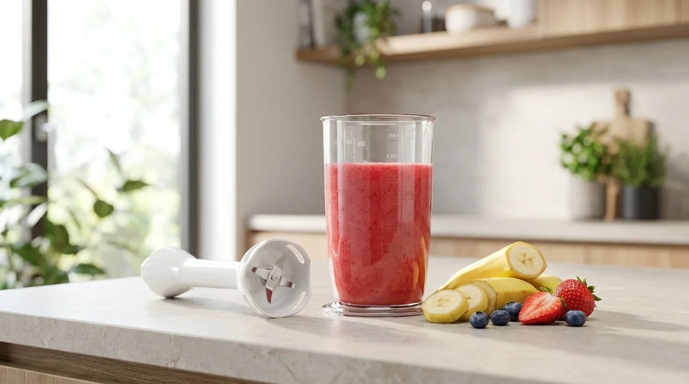 Průhledná mixovací nádoba s červeným smoothie, bílá mixovací noha a čerstvé ovoce na kuchyňské lince.