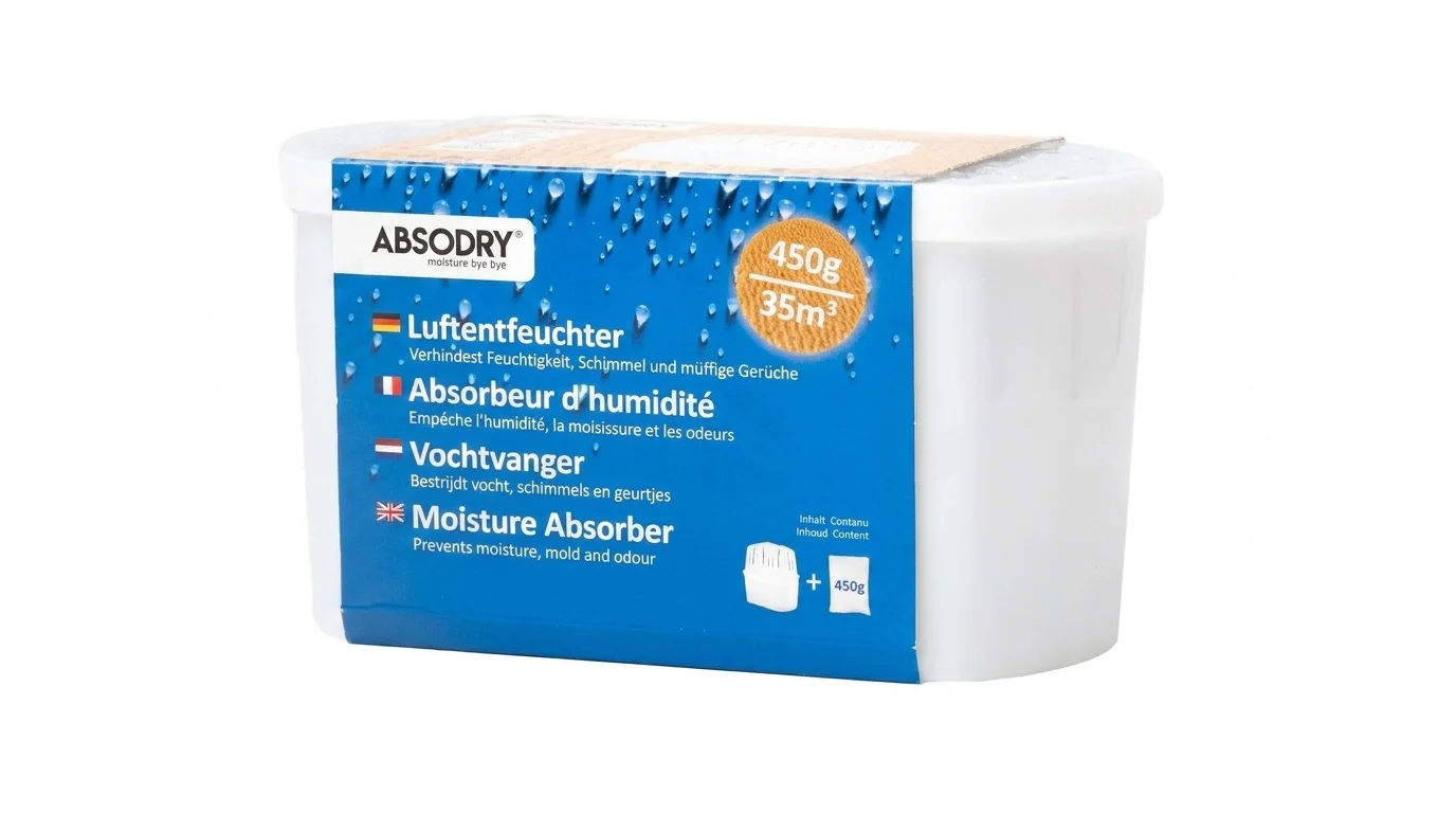 Bílý pohlcovač vlhkosti Everbrand Absodry Mini Compact s modrým štítkem a oranžovým kruhem s označením 450 g.