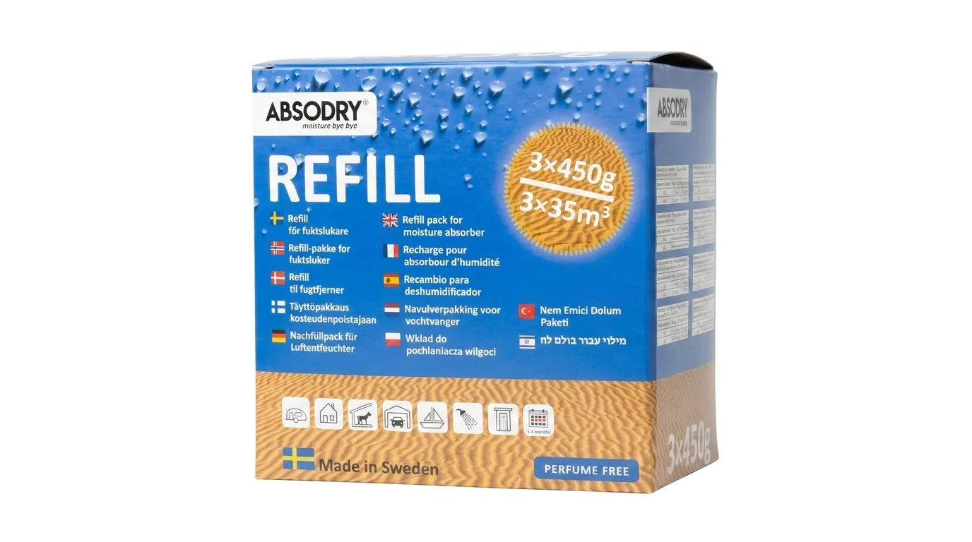 Modro-béžová krabice s náhradními sáčky Absodry Refill pro pohlcovače vlhkosti.