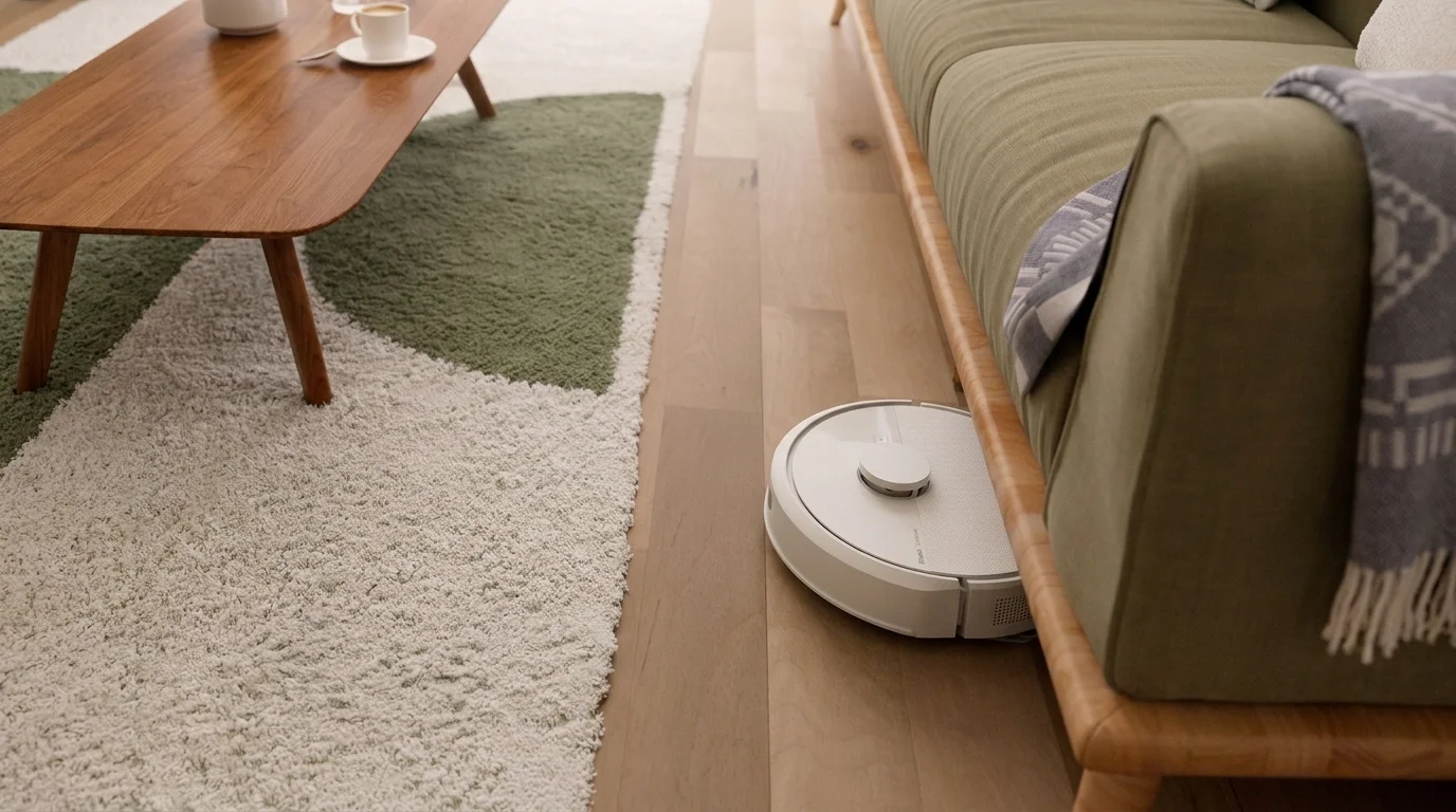Bílý robotický vysavač iRobot Roomba uklízí pod zelenou pohovkou na dřevěné podlaze vedle koberce.