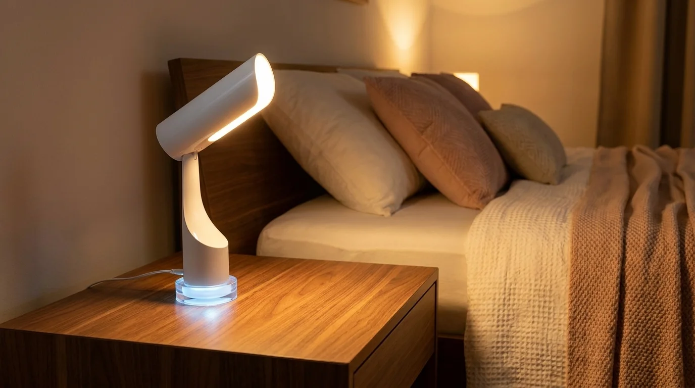 Bílá LED lampa Retlux RTL 205 svítící na dřevěném nočním stolku vedle postele.