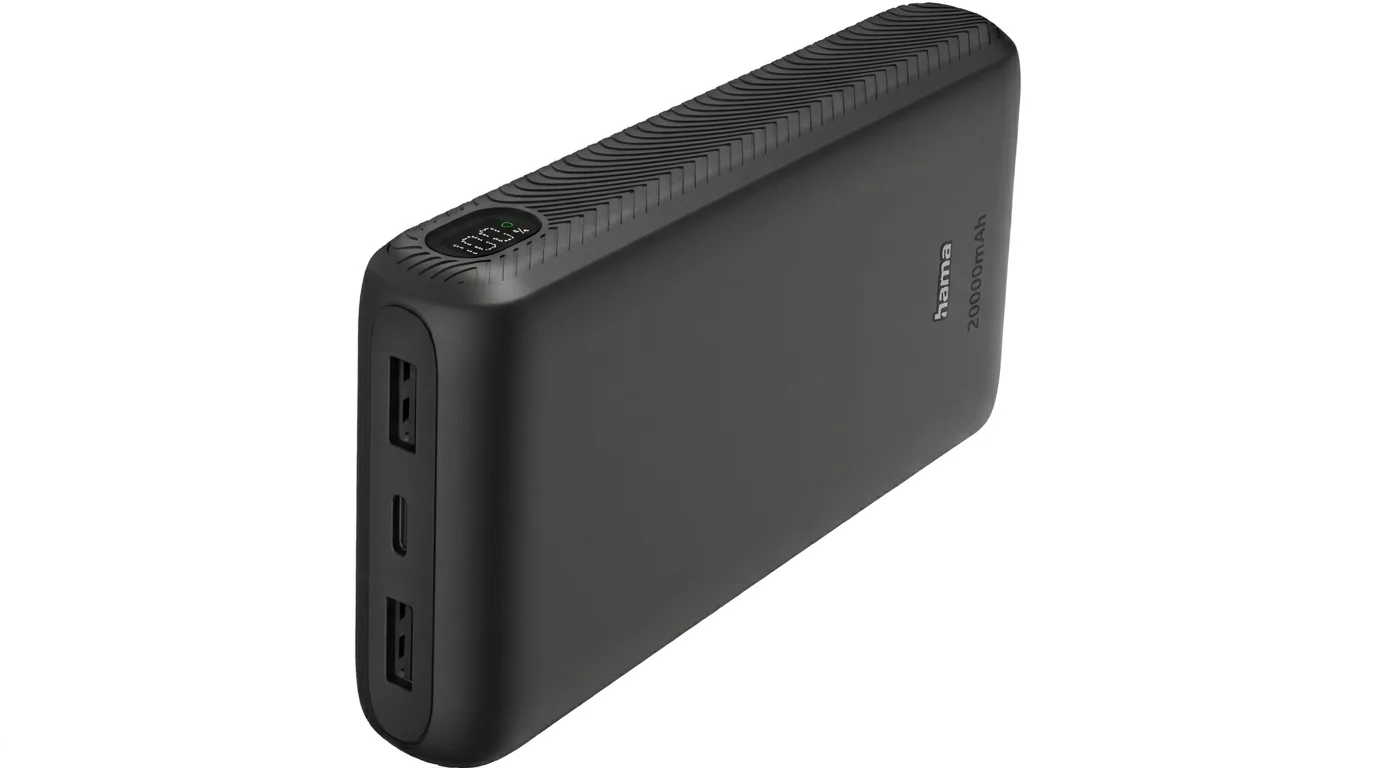 Čierna powerbanka Hama New Performance 20 s digitálnym displejom zobrazujúcim 100 %, dvoma portami USB-A a jedným USB-C.