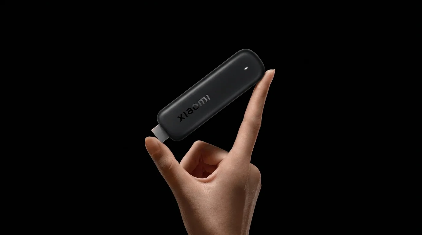 Kompaktní MM centrum Xiaomi TV Stick s HDMI konektorem držené v prstech na černém pozadí.