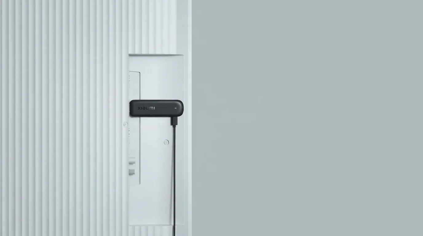 Černý Xiaomi TV Stick s připojeným napájecím kabelem zapojený do portu na zadní straně bílého televizoru.
