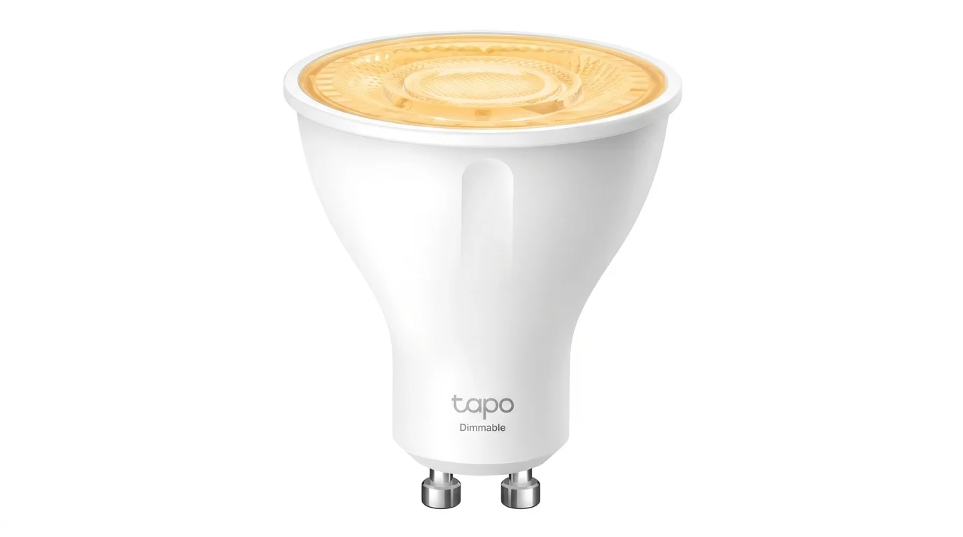 Bílá bodová chytrá žárovka TP-Link Tapo L610 s paticí GU10 a nápisem Tapo Dimmable.