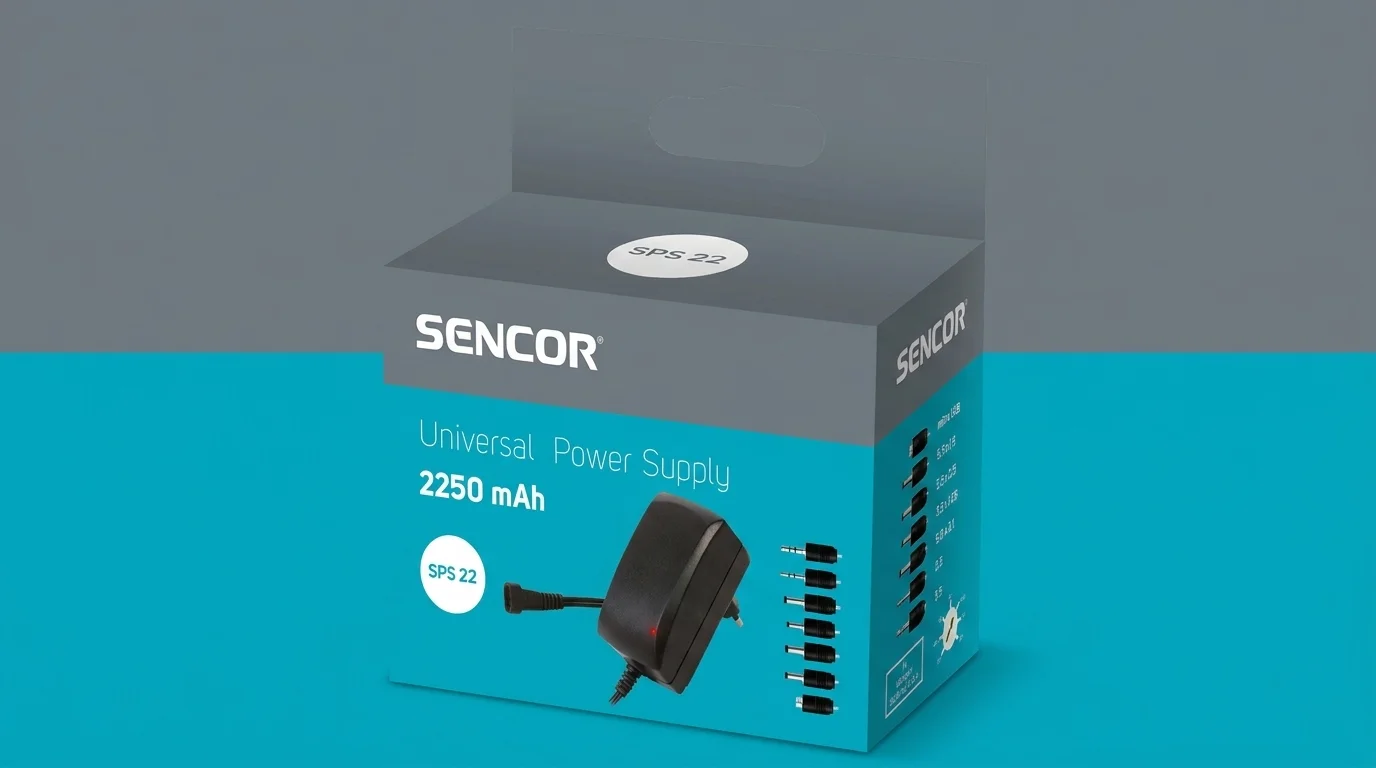 Balenie univerzálneho zdroja Sencor SPS 22 s vyobrazením napájacieho adaptéra a výmenných koncoviek.