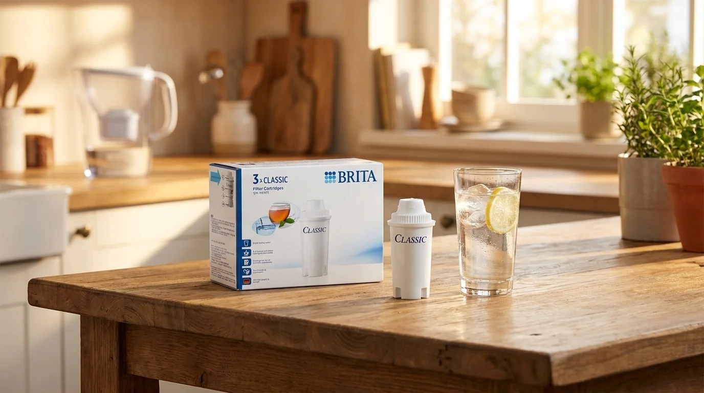 Balenie filtrov BRITA Classic, filtračná patróna a pohár vody s ľadom a citrónom na drevenom kuchynskom stole.