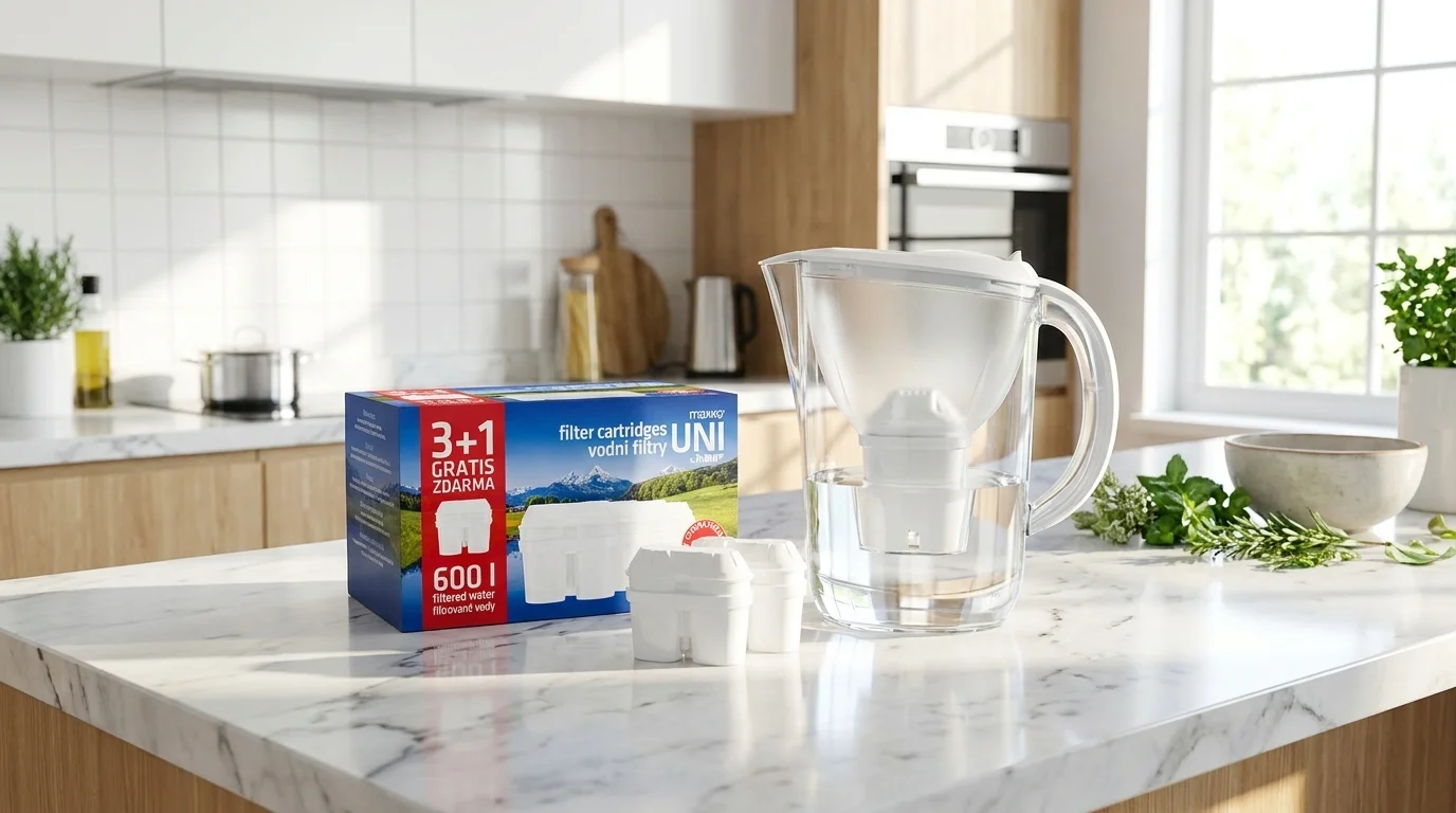 Filtrační konvice na kuchyňské lince vedle krabičky Maxxo UNI 3+1 a dvou náhradních filtračních patron.