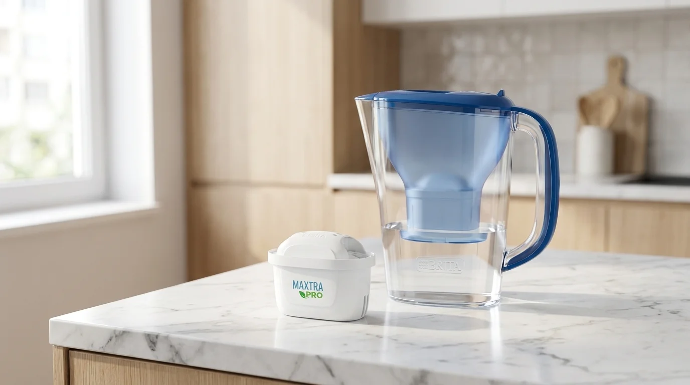 Vodný filter BRITA MAXTRA Pro položený vedľa filtračnej kanvice s modrým vekom na mramorovej linke.