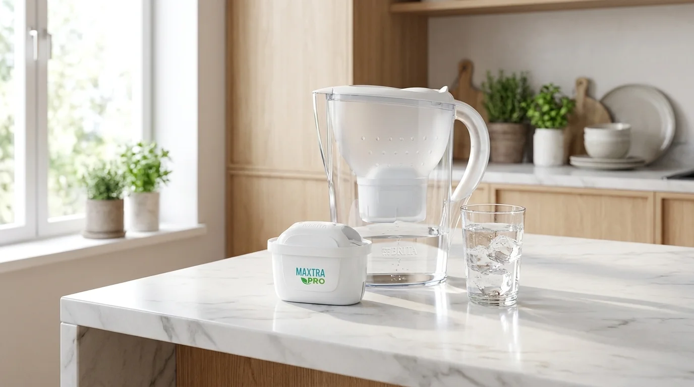 Filter Brita MAXTRA Pro na kuchynskej linke vedľa filtračnej kanvice a pohára s vodou a ľadom.