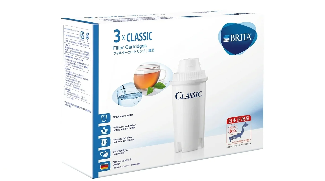 Balenie troch kusov filtračných patrón BRITA Classic s vyobrazeným bielym filtrom a šálkou čaju.