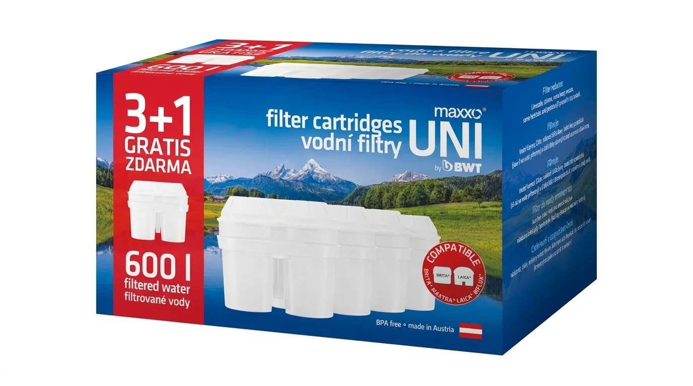 Balení vodních filtrů Maxxo UNI 3+1 zdarma se čtyřmi zobrazenými bílými filtračními patronami.