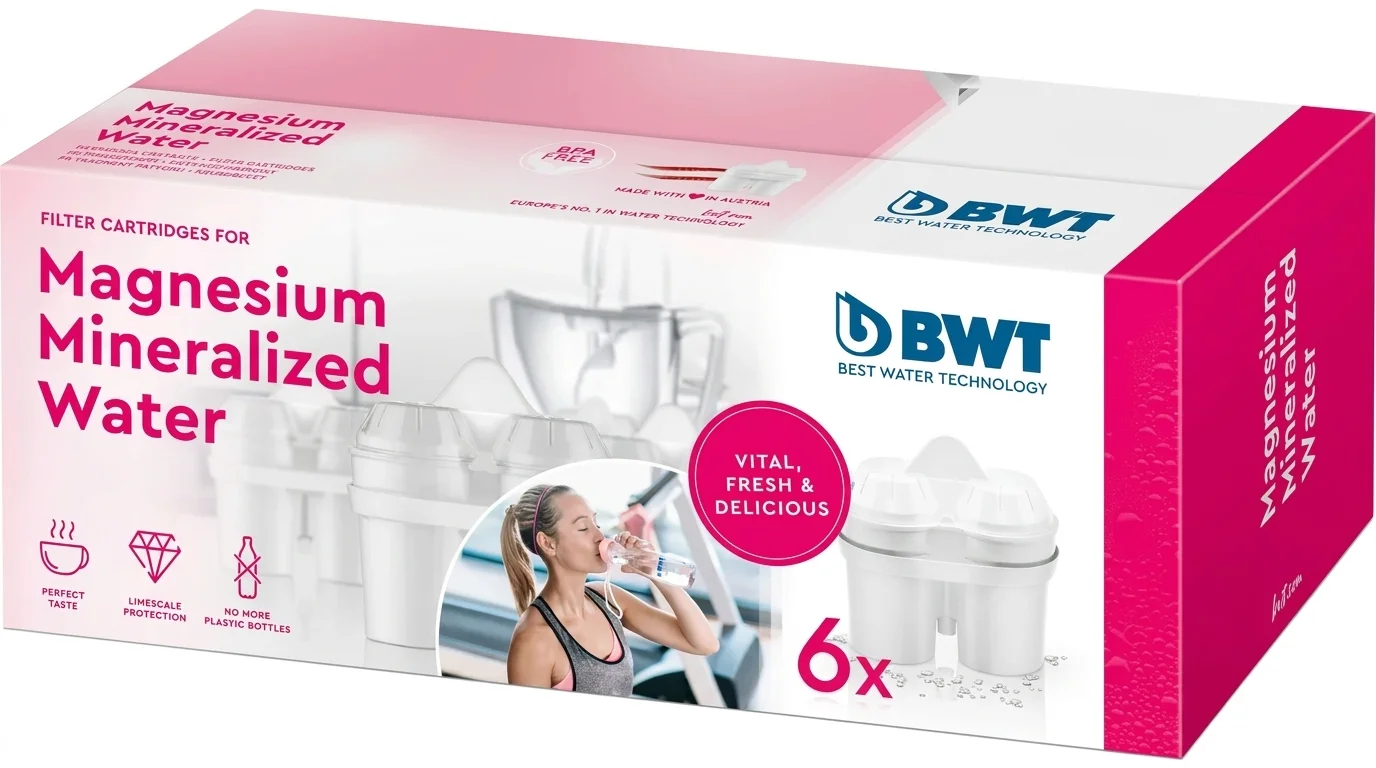 Ružovo-biele balenie šiestich náhradných filtrov do kanvice BWT Magnesium Mineralized Water.
