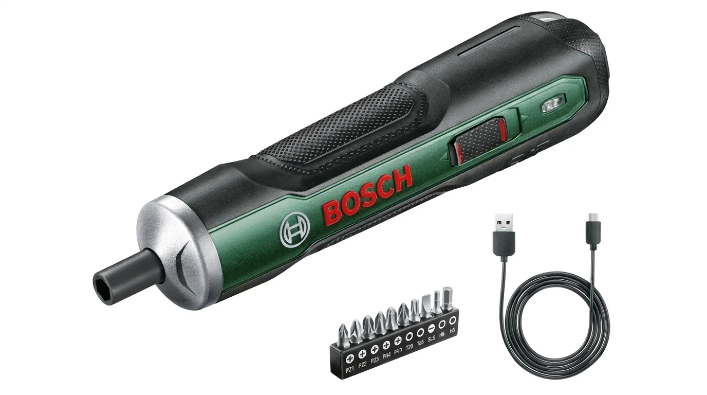 Akumulátorový šroubovák Bosch s příslušenstvím v podobě sady deseti bitů a micro USB kabelu.