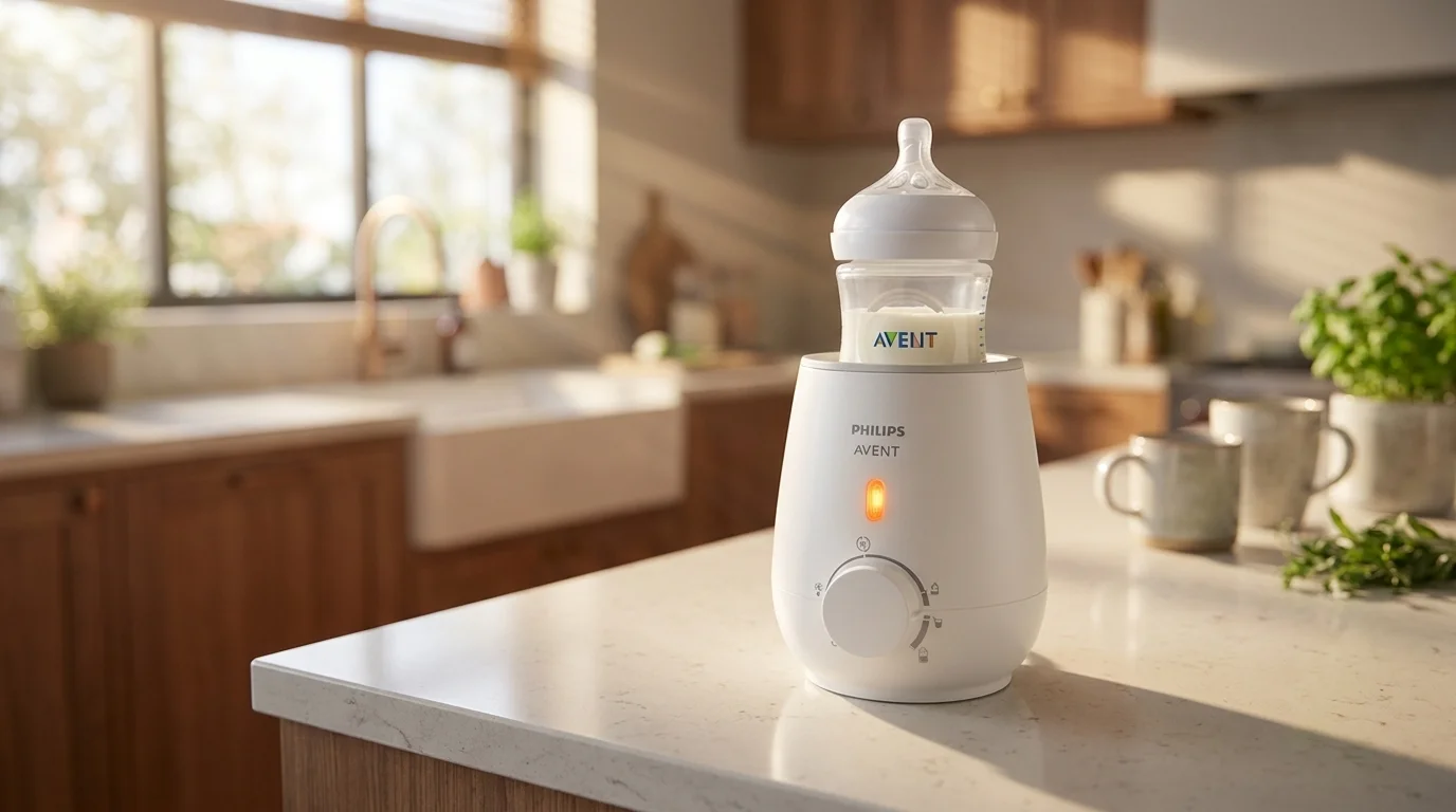 Bílý ohřívač kojeneckých lahví Philips Avent s vloženou lahvičkou mléka stojí na kuchyňské lince.