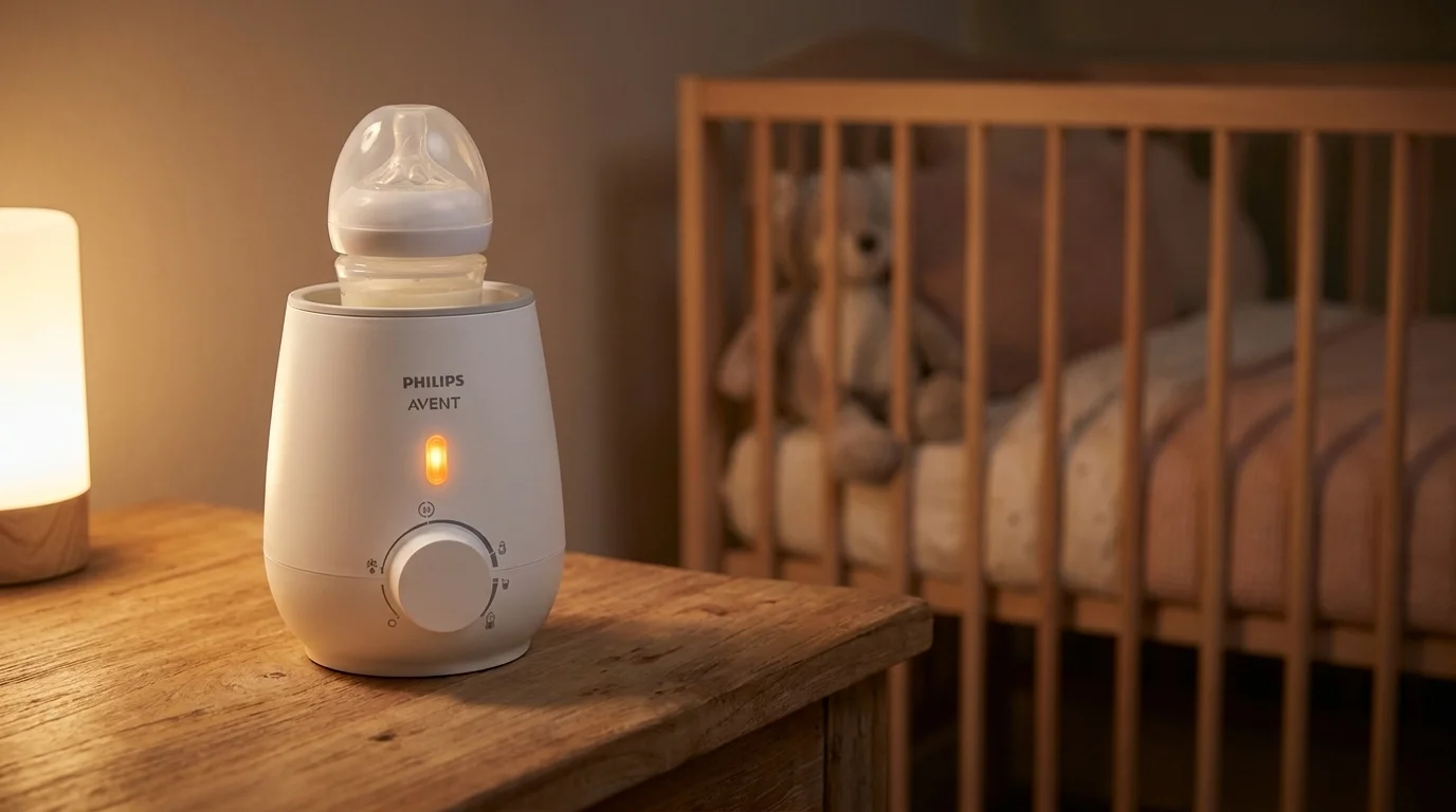 Ohřívač kojeneckých lahví Philips Avent s lahvičkou stojí na dřevěném stolku v dětském pokoji s postýlkou v pozadí.