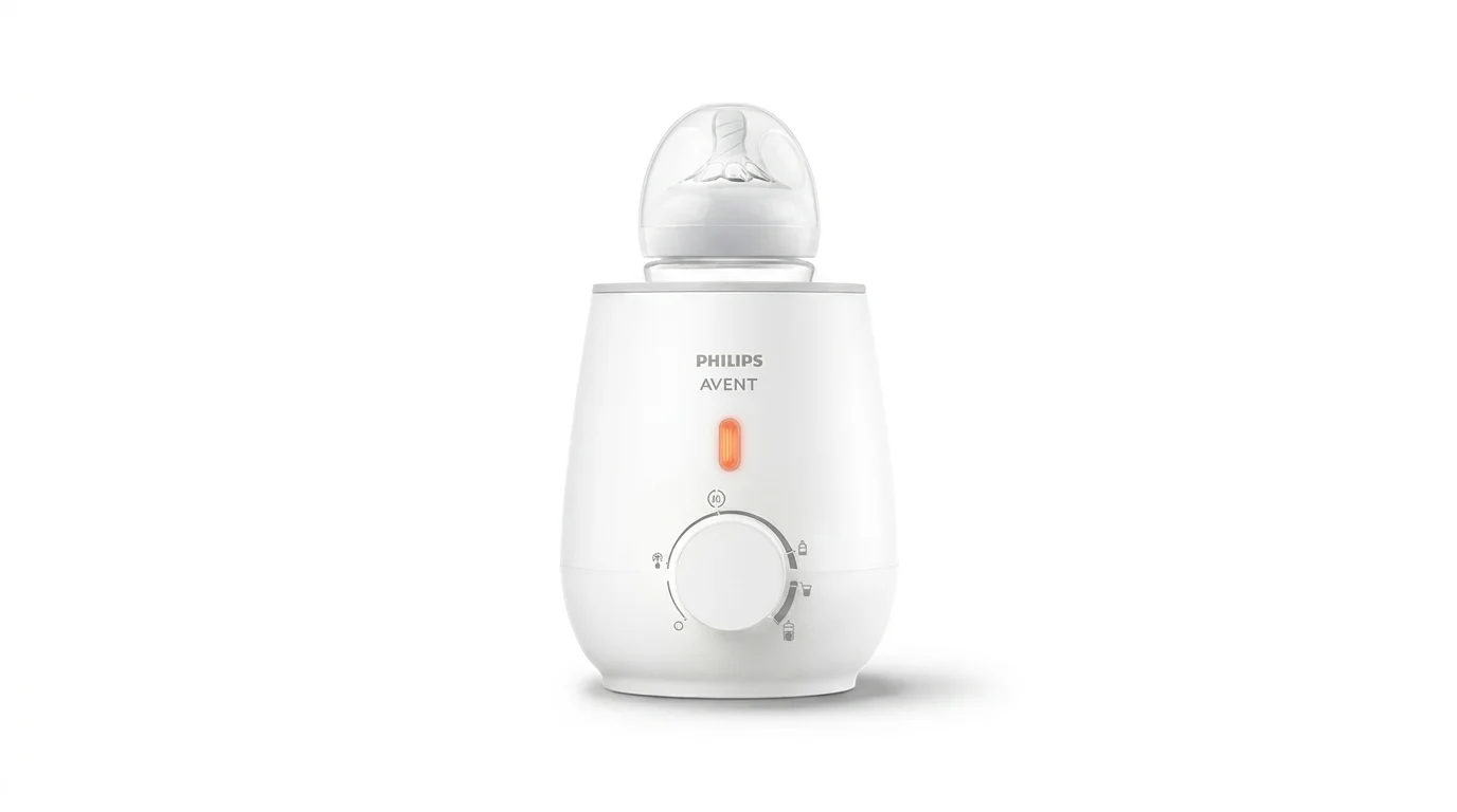 Bílý ohřívač kojeneckých lahví Philips Avent s vloženou lahvičkou, svítící oranžovou kontrolkou a otočným voličem na přední straně.