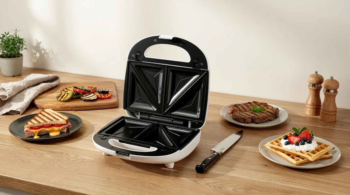 Otvorený biely sendvičovač ETA s trojuholníkovými platničkami na stole obklopený toastom, grilovaným mäsom a vaflami.