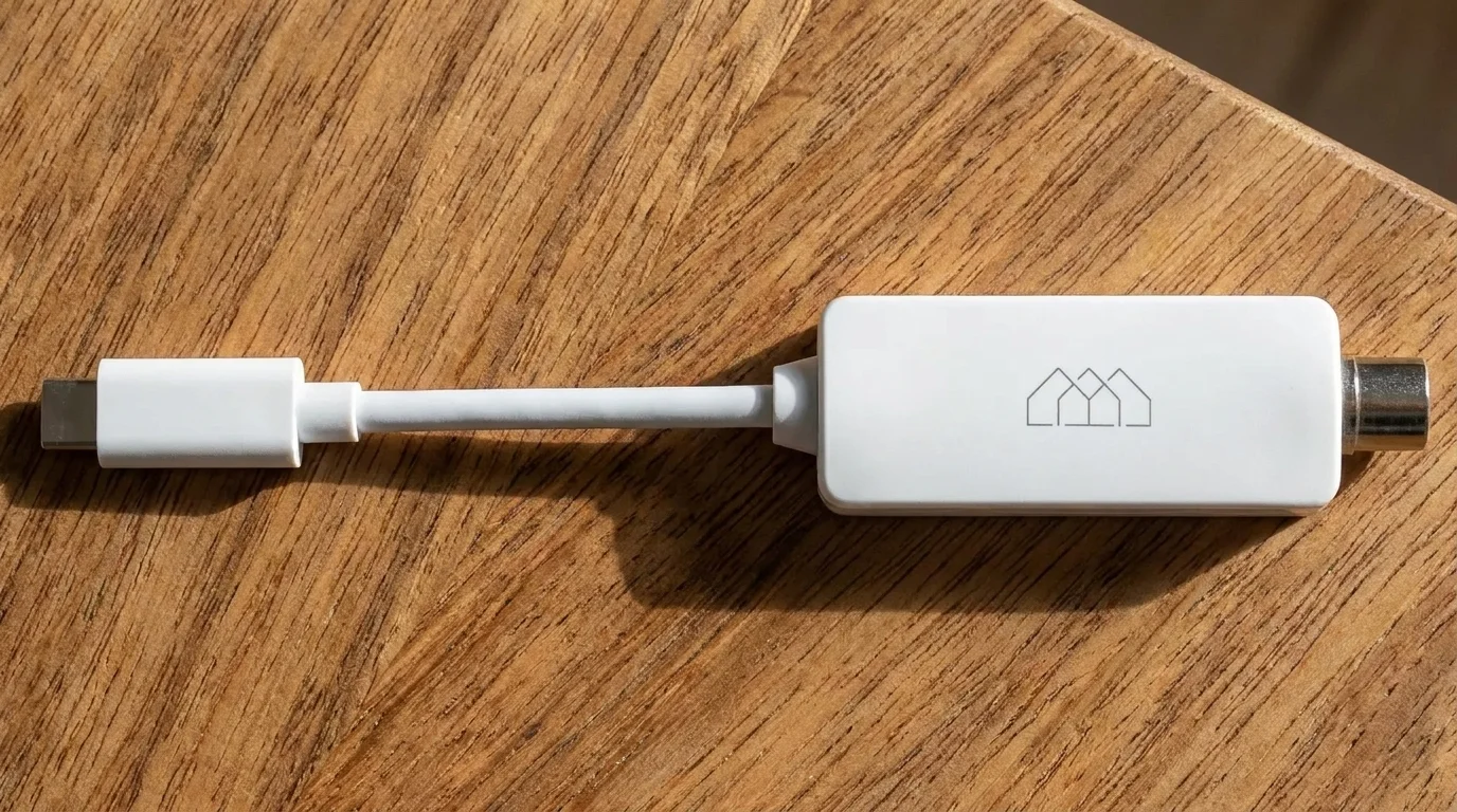 Biely tuner Homatics DVB-T2 s pripojením cez konektor USB-C položený na drevenom povrchu.