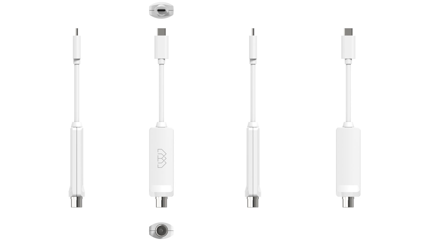 Biely DVB-T2 tuner Homatics s USB-C pripojením zobrazený z rôznych strán a uhlov.