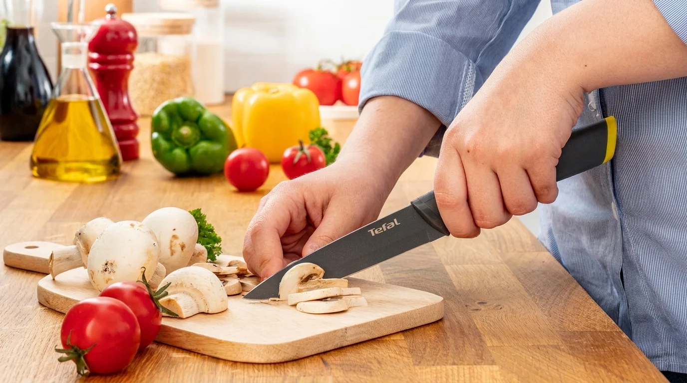 Krájení žampionů kuchyňským nožem Tefal FreshKitchen na dřevěném prkénku.