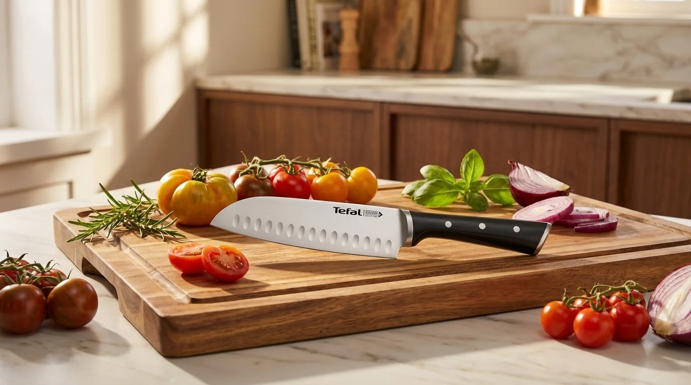 Kuchyňský nůž Tefal Ice Force santoku na dřevěném prkénku s rajčaty, cibulí a bylinkami.