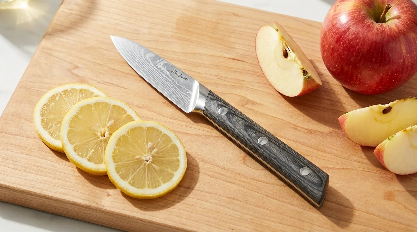 Kuchyňský nůž Lamart LT2101 na dřevěném prkénku vedle plátků citronu a nakrájeného jablka.