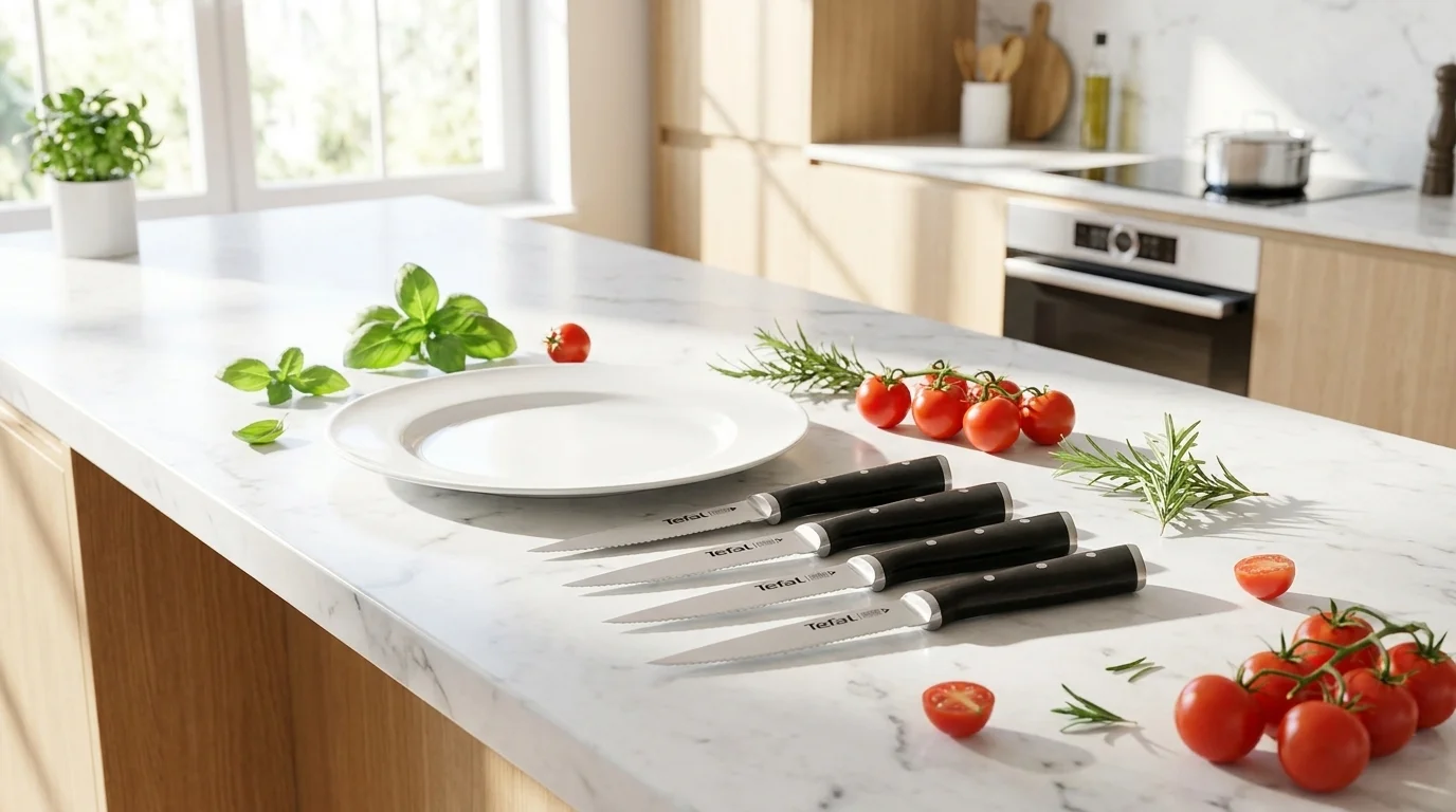 Čtyři steakové nože Tefal Ice Force položené na kuchyňské lince vedle bílého talíře, čerstvých bylinek a cherry rajčat.