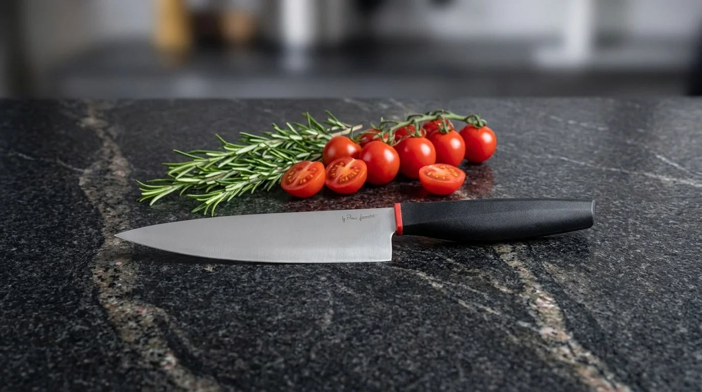 Kuchyňský nůž Lamart LT2135 položený na tmavé kamenné desce vedle snítky rozmarýnu a cherry rajčat.