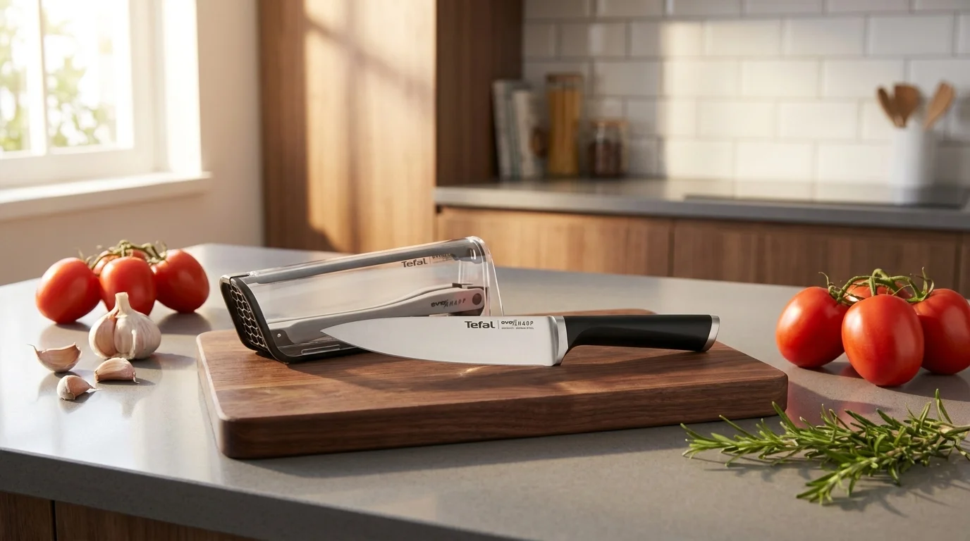 Kuchyňský nůž Tefal Ever Sharp s pouzdrem na dřevěném prkénku na kuchyňské lince vedle rajčat.