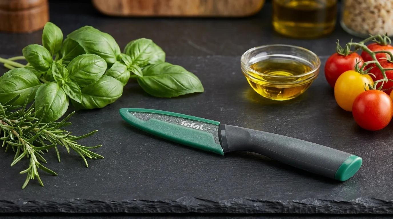 Kuchyňský nůž Tefal FreshKitchen v zeleném ochranném pouzdře na břidlicové desce vedle čerstvých bylinek a cherry rajčat.