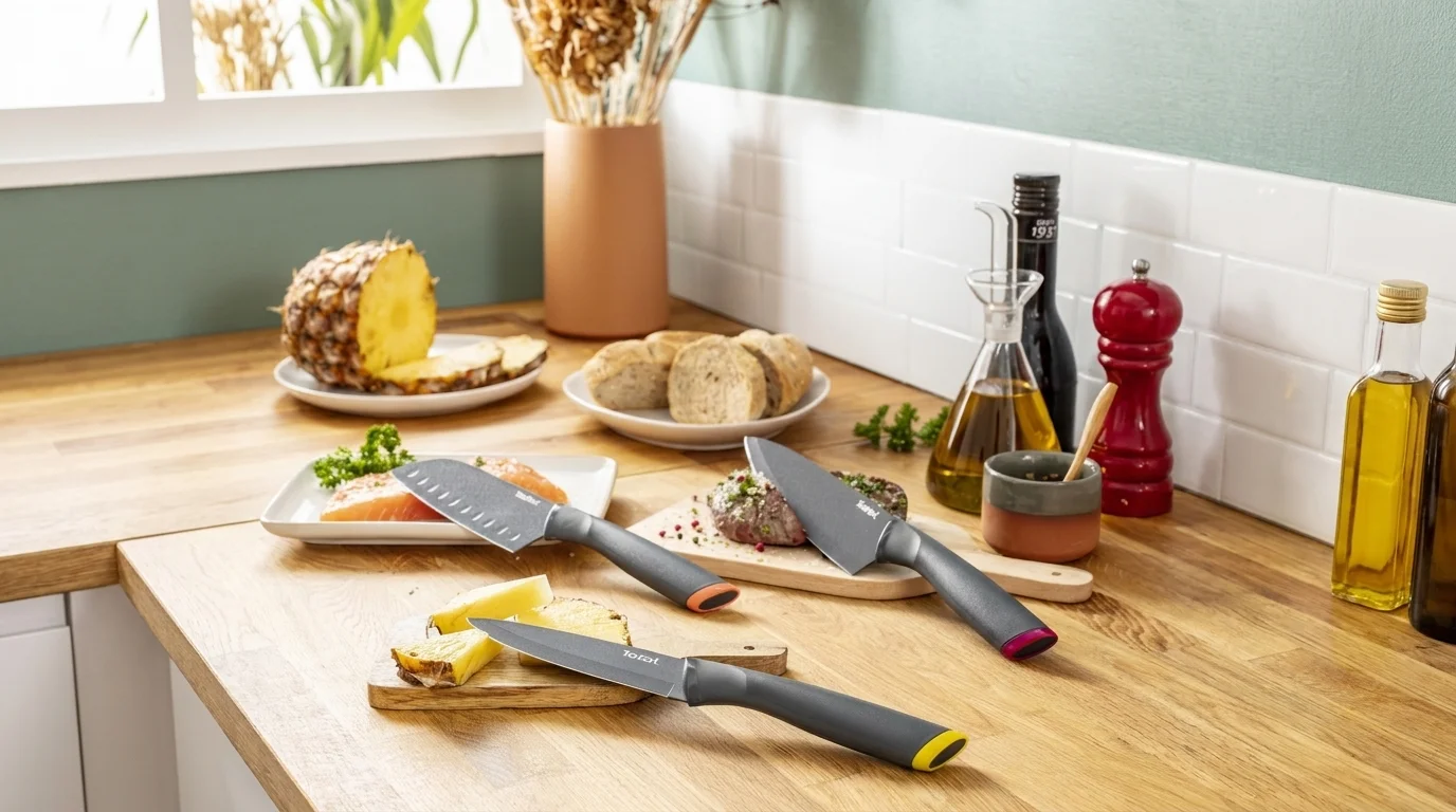 Tři kuchyňské nože Tefal FreshKitchen položené na dřevěné lince vedle krájeného ananasu a dalších surovin.