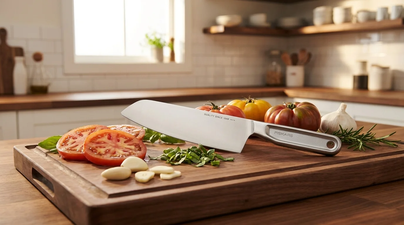Nerezový nůž Fiskars Santoku na dřevěném krájecím prkénku spolu s nakrájenými rajčaty, česnekem a bylinkami.