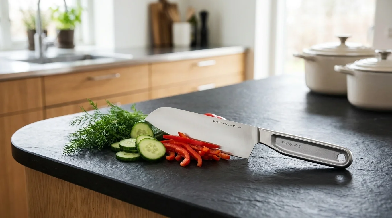 Celokovový nůž Fiskars Santoku na kuchyňské lince vedle nakrájené okurky, červené papriky a čerstvého kopru.