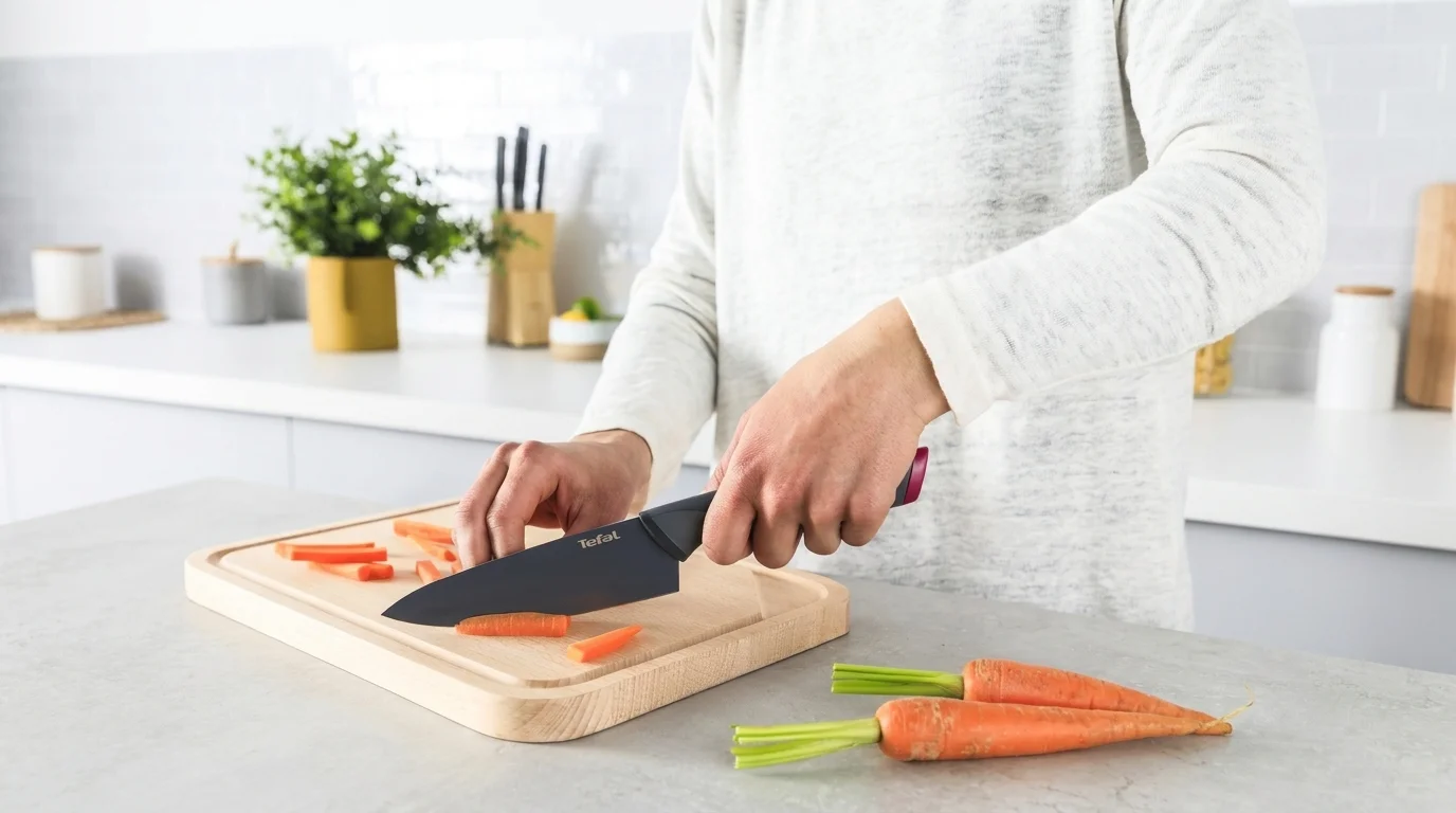 Osoba krájí mrkev na dřevěném prkénku kuchyňským nožem Tefal FreshKitchen s tmavou čepelí.