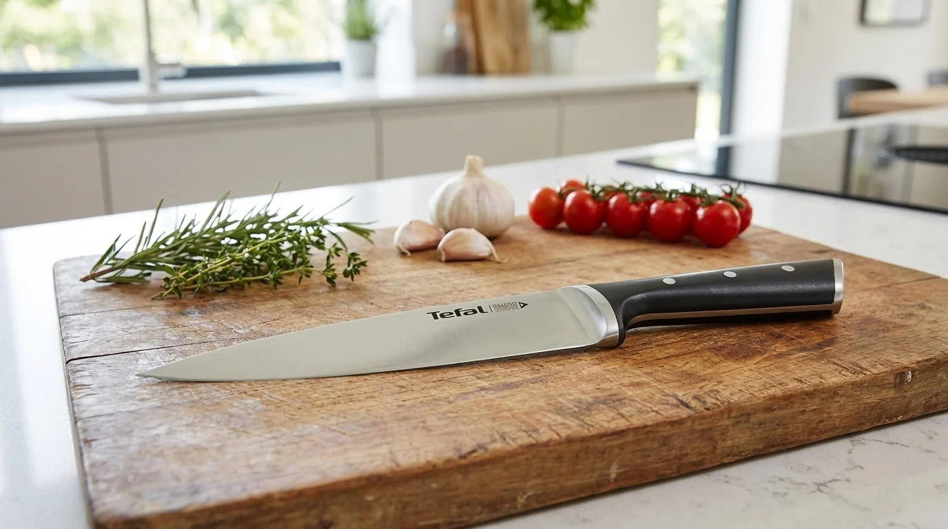 Kuchyňský nůž Tefal Ice Force položený na dřevěném prkénku vedle bylinek, česneku a cherry rajčat.