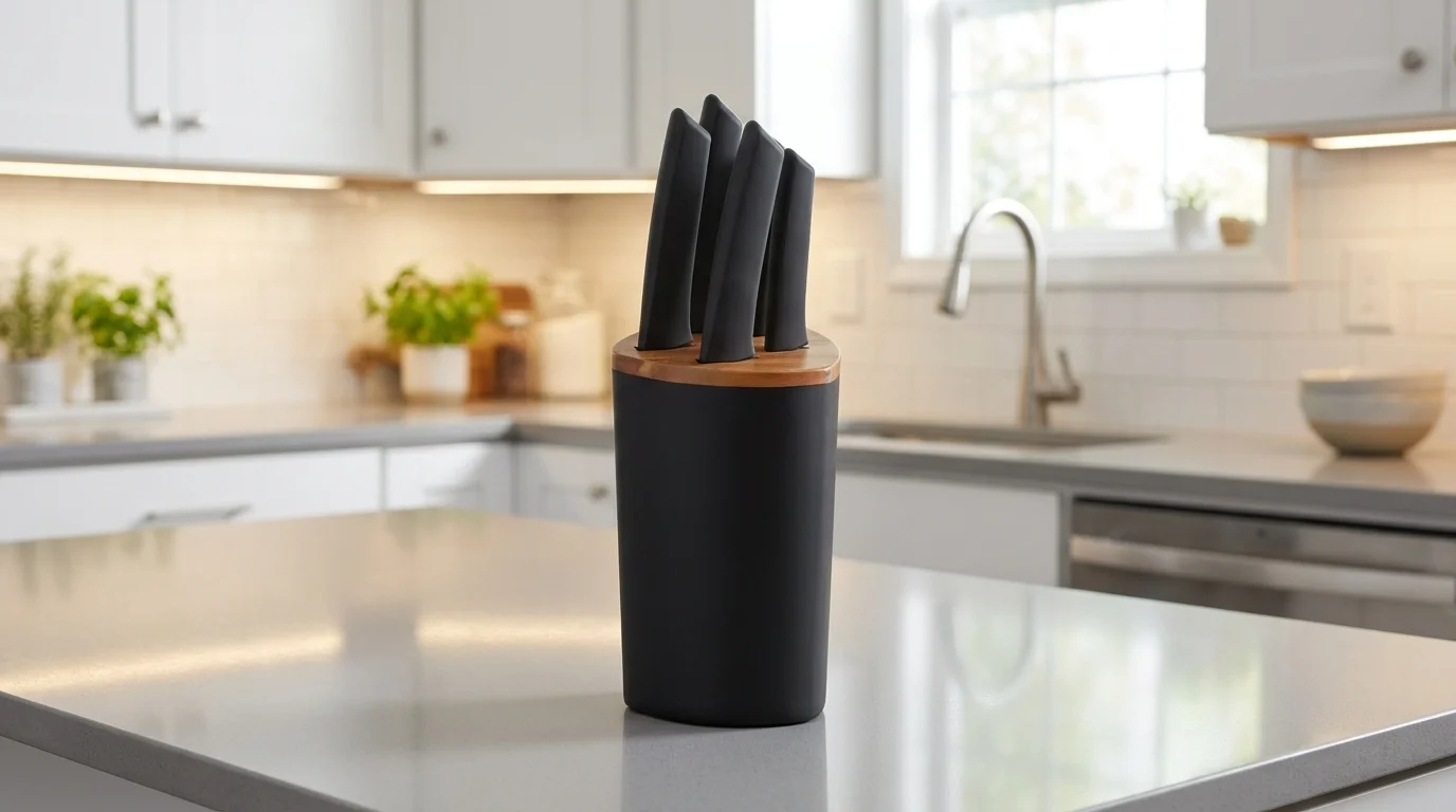 Čierny blok na nože Lamart s dreveným lemom a piatimi nožmi s čiernymi rukoväťami na kuchynskej linke.