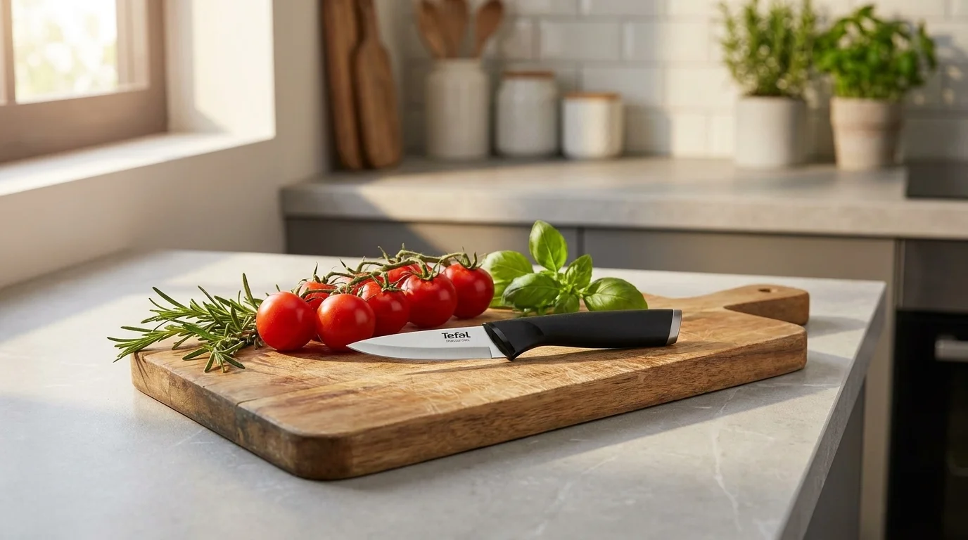 Kuchyňský nůž Tefal Comfort na dřevěném krájecím prkénku vedle cherry rajčat a čerstvých bylinek na kuchyňské lince.