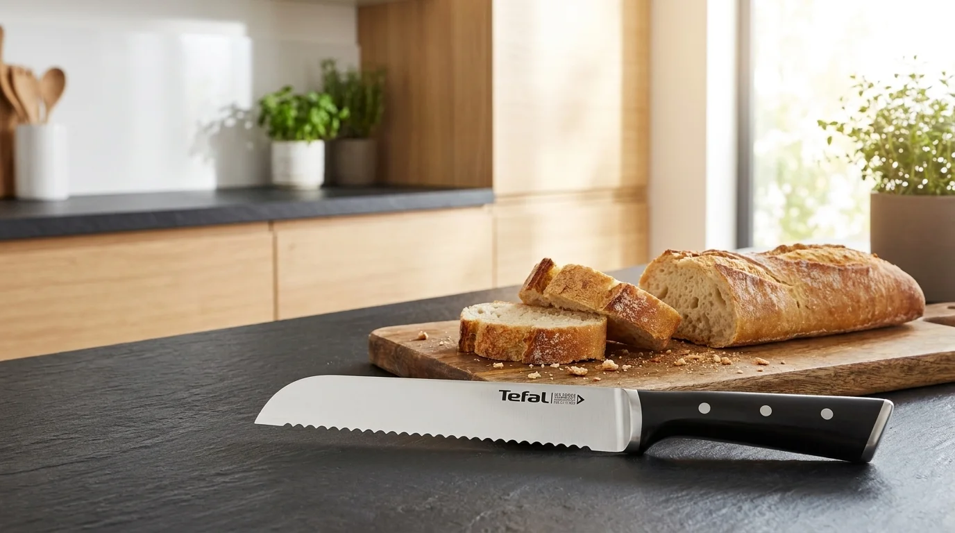 Nůž na pečivo Tefal Ice Force s vroubkovaným ostřím položený na kuchyňské lince před prkénkem s nakrájeným pečivem.