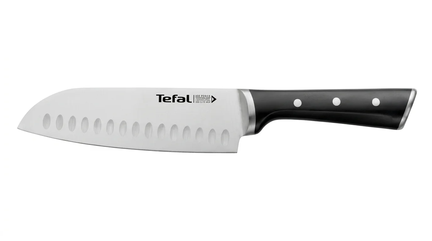Kuchyňský nůž santoku Tefal Ice Force s nerezovou čepelí s výbrusy a černou nýtovanou rukojetí.