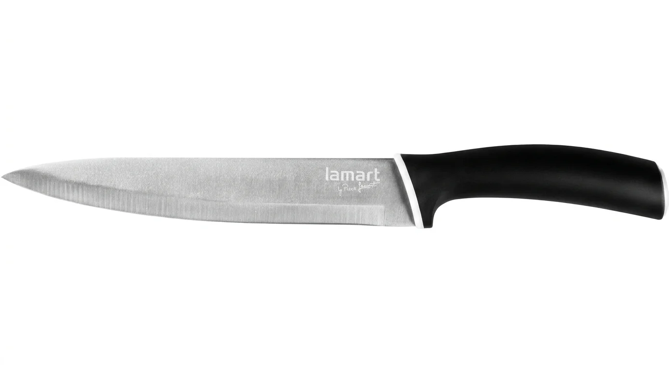 Kuchyňský nůž Lamart LT2067 s kovovou čepelí a černou ergonomickou rukojetí s bílým lemem.