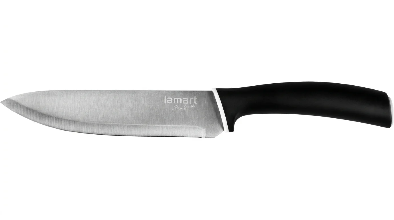Kuchynský nôž Lamart LT2066 s nerezovou čepeľou a čiernou ergonomickou rukoväťou s bielym detailom.