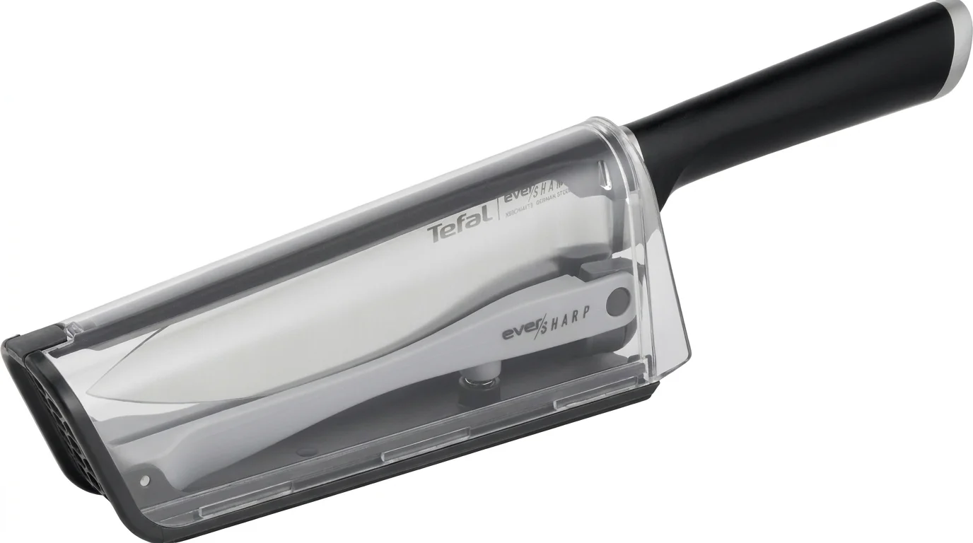 Kuchyňský nůž Tefal Ever Sharp s černou rukojetí zasunutý v průhledném pouzdře s integrovaným brouskem.