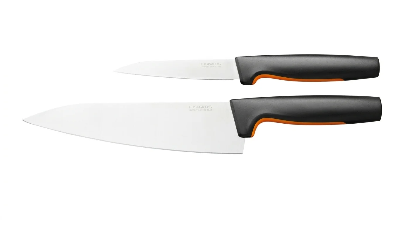 Kuchařský nůž a okrajovací nůž Fiskars s černými rukojeťmi s oranžovými prvky a nerezovými čepelemi.