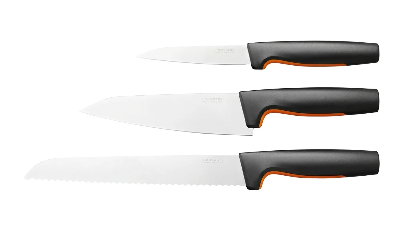 Sada tří nožů Fiskars s černými rukojeťmi zahrnující okrajovací nůž, kuchařský nůž a vroubkovaný nůž na pečivo.