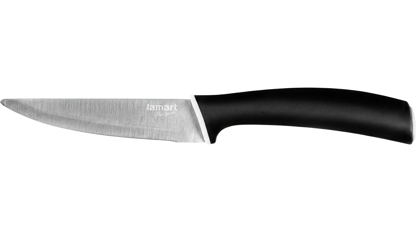 Kuchynský nôž Lamart LT2064 s kovovou čepeľou a čiernou ergonomickou rukoväťou s bielym detailom.