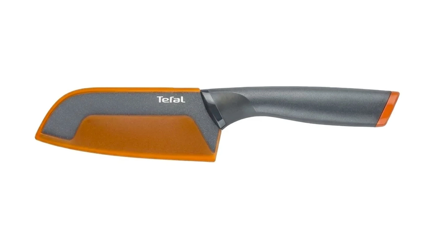 Kuchyňský nůž Tefal FreshKitchen typu santoku s oranžovým ochranným pouzdrem na čepeli.